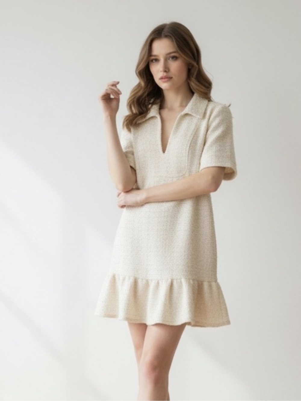 Cream Polo-Collar Ruffle-Hem Mini Dress